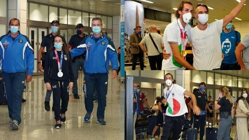 Tamberi e Vanessa Ferrari rientrati da Tokyo: applausi a Fiumicino