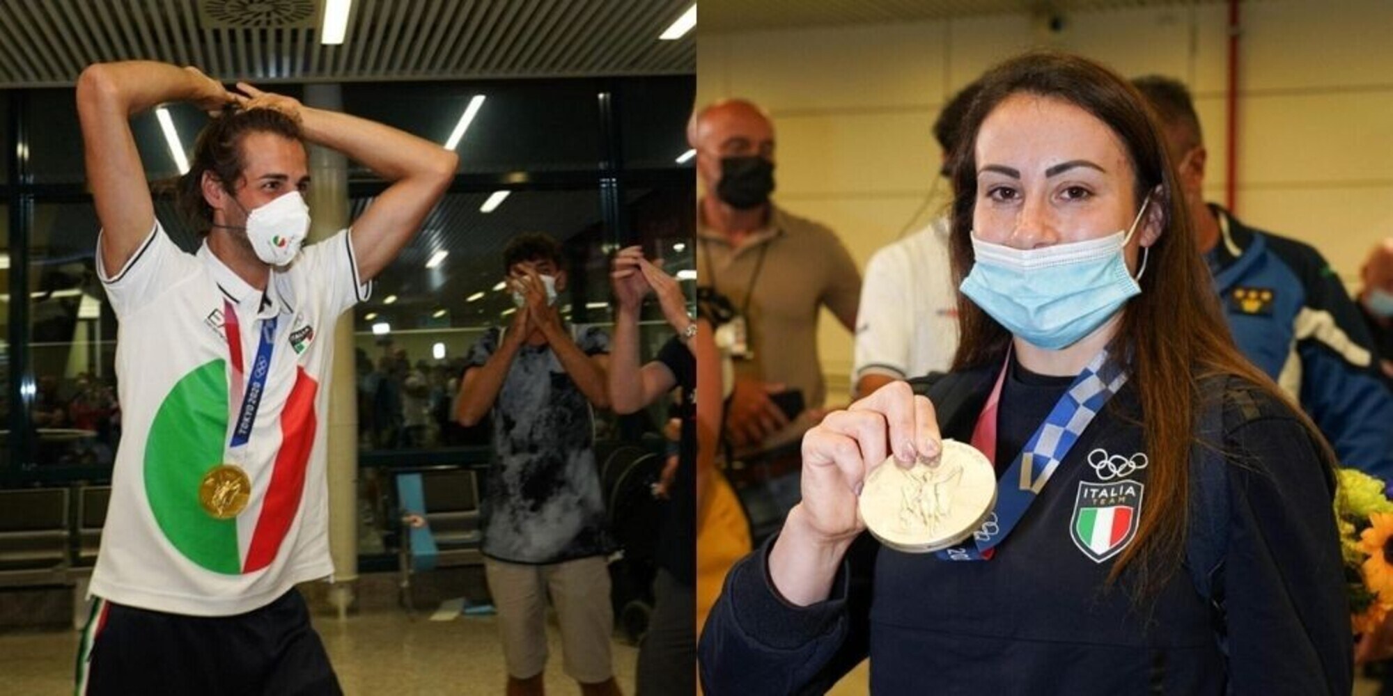 Tamberi e Vanessa Ferrari atterrati in Italia: è festa a Fiumicino