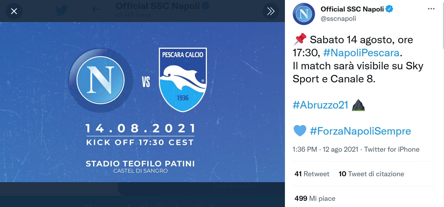 Napoli, sabato 14 agosto amichevole con il Pescara