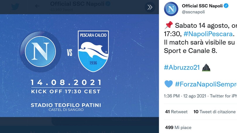 Napoli, sabato 14 agosto amichevole con il Pescara