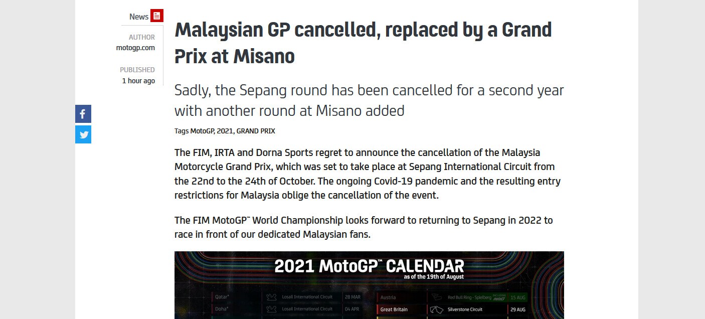 Moto Gp, niente Gp della Malesia: al suo posto tappa a Misano