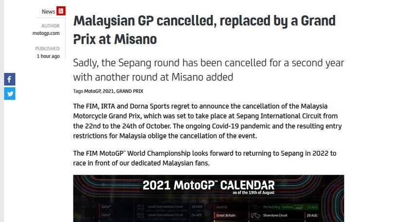 Moto Gp, niente Gp della Malesia: al suo posto tappa a Misano