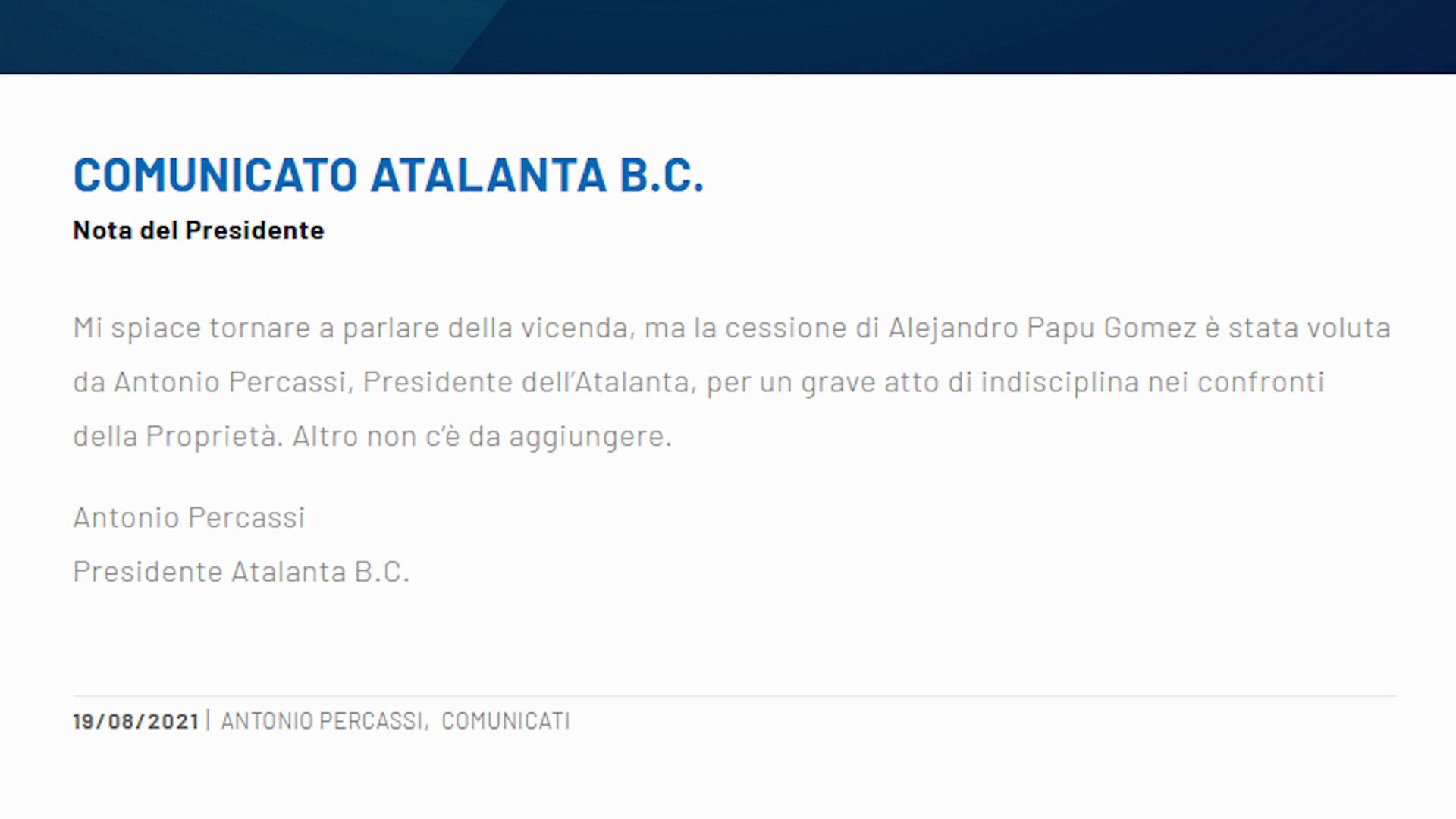 Atalanta, caso Gomez-Gasperini. Percassi: "Cessione voluta da me"