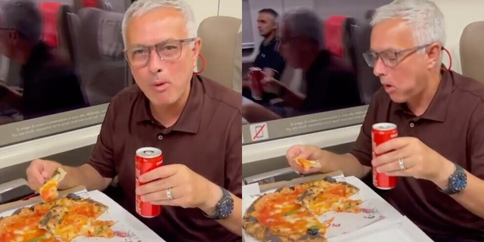 Roma, Mourinho mangia la pizza in treno dopo il 4-0 alla Salernitana