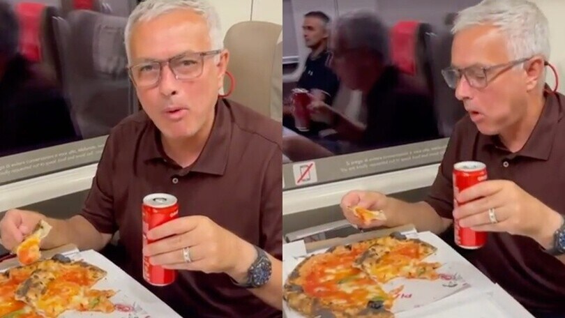 Roma, Mourinho mangia la pizza in treno dopo il 4-0 alla Salernitana
