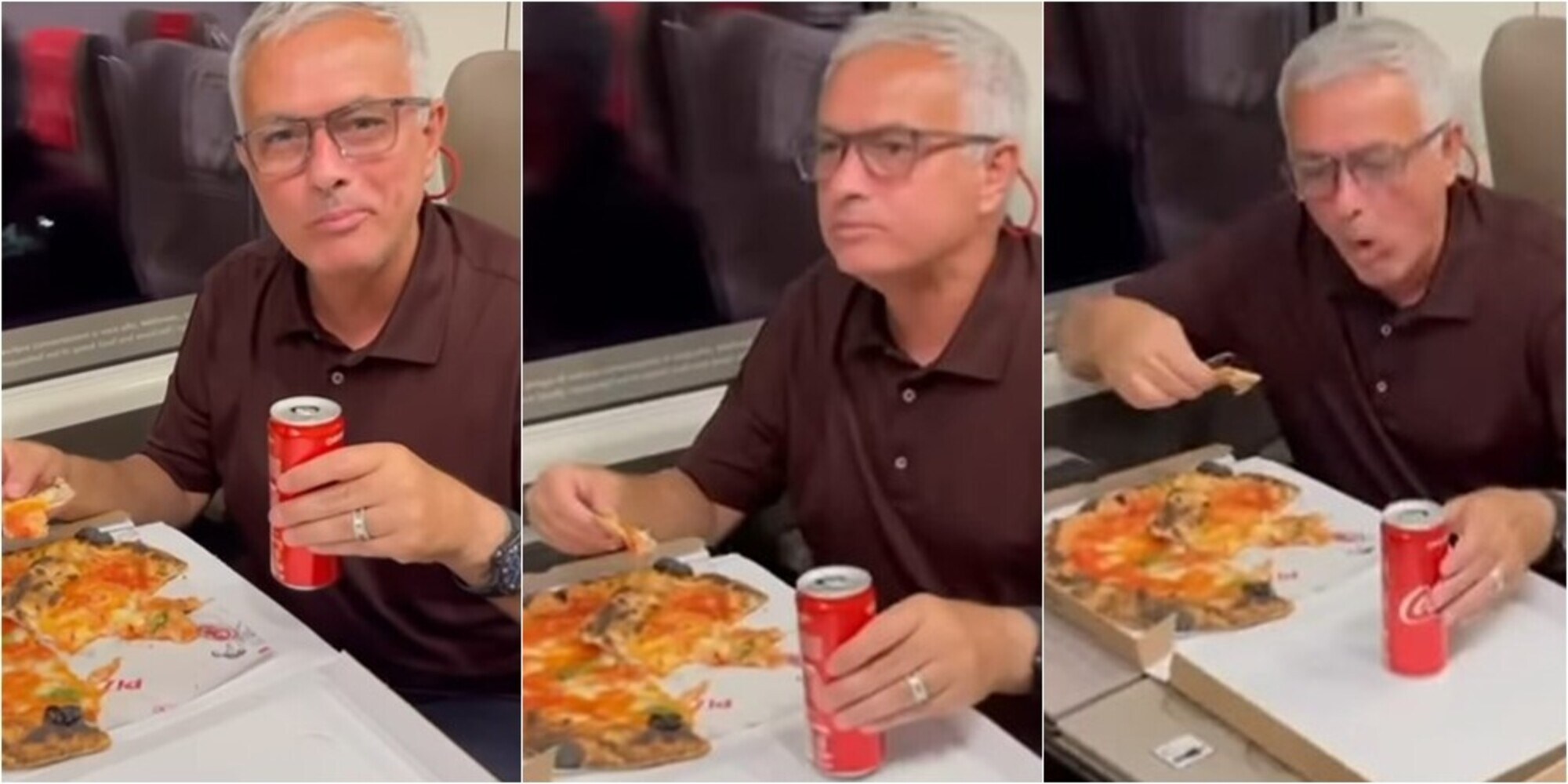 Mourinho si gode la sua Roma con una pizza in treno