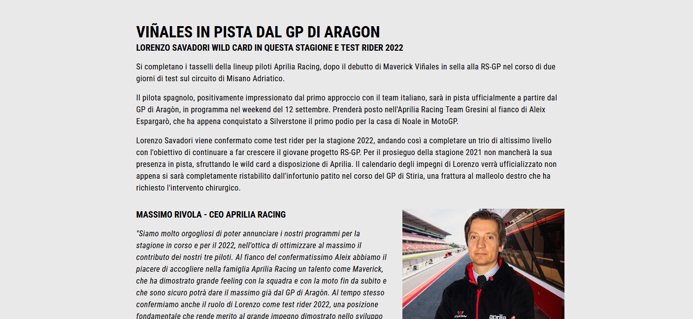 Moto Gp, Vinales in pista già dal Gp di Aragon con l'Aprilia