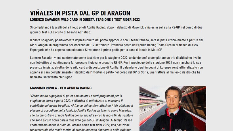 Moto Gp, Vinales in pista già dal Gp di Aragon con l'Aprilia