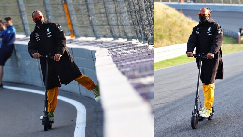 Hamilton in monopattino sul circuito del GP d'Olanda
