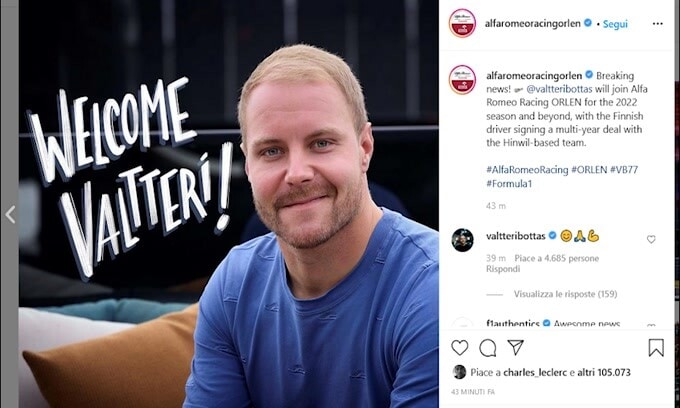 Ufficiale, F1: Bottas correrà con l'Alfa Romeo nel 2022