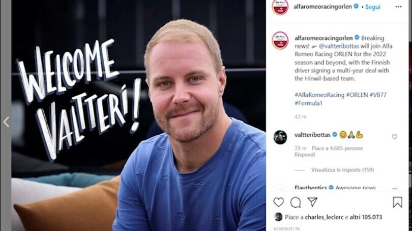 Ufficiale, F1: Bottas correrà con l'Alfa Romeo nel 2022