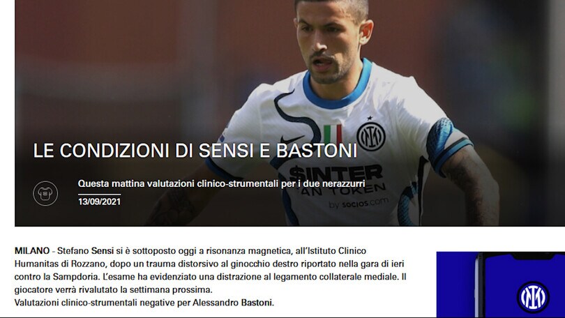 Inter, infortunio Sensi: distrazione legamento collaterale