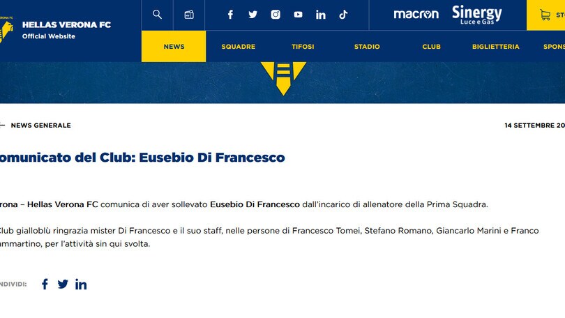 Ufficiale, il Verona ha esonerato Di Francesco
