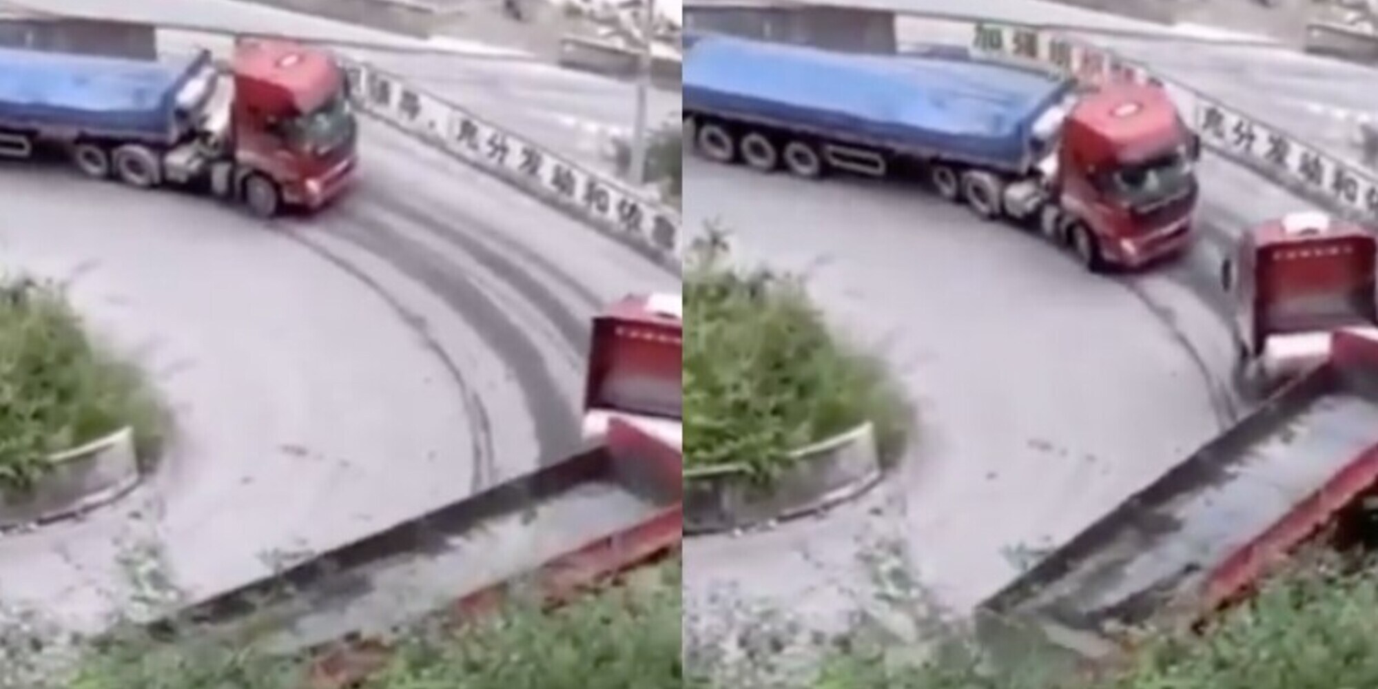 Il tornante è troppo stretto: i due camion non passano e... VIDEO