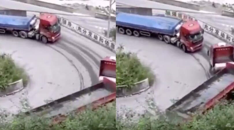 La curva è troppo stretta e... il "bacio" tra i due camion è inevitabile!