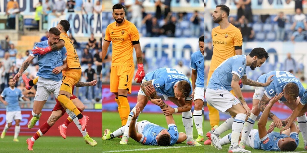 Milinkovic segna l'1-0 in Lazio-Roma: terribile lo scontro con Rui Patricio