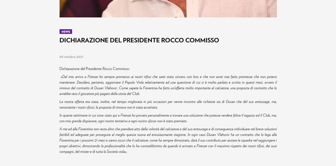 Commisso annuncia: "Rinnovo rifiutato da Vlahovic"