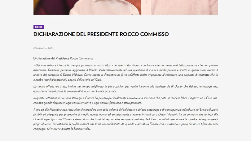 Commisso annuncia: "Rinnovo rifiutato da Vlahovic"