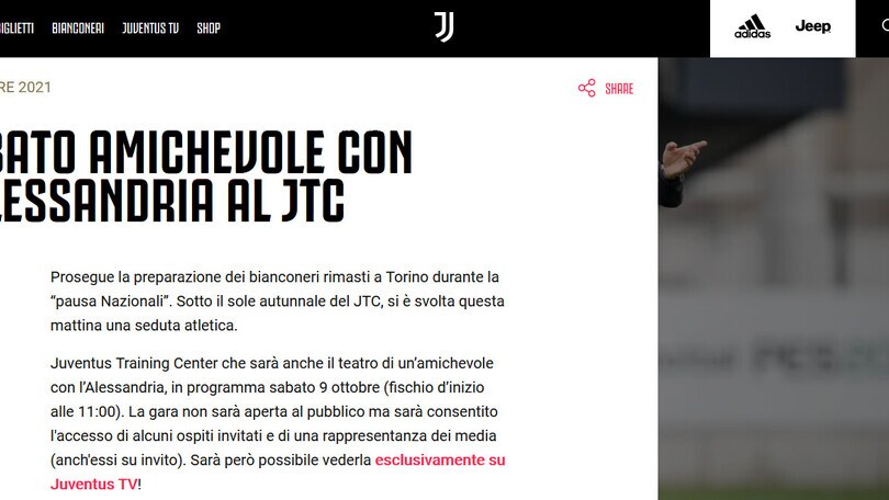 Juve, sabato 9 sfida amichevole con l'Alessandria