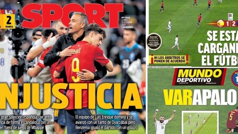 La Spagna grida all'"ingiustizia" per il gol di Mbappé: le prime pagine
