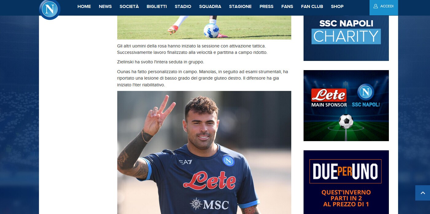 Napoli, lesione muscolare al gluteo per Manolas