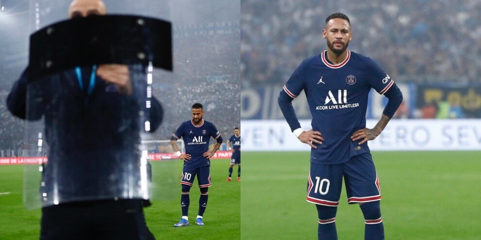 Neymar scortato dagli scudi della polizia in Marsiglia-Psg