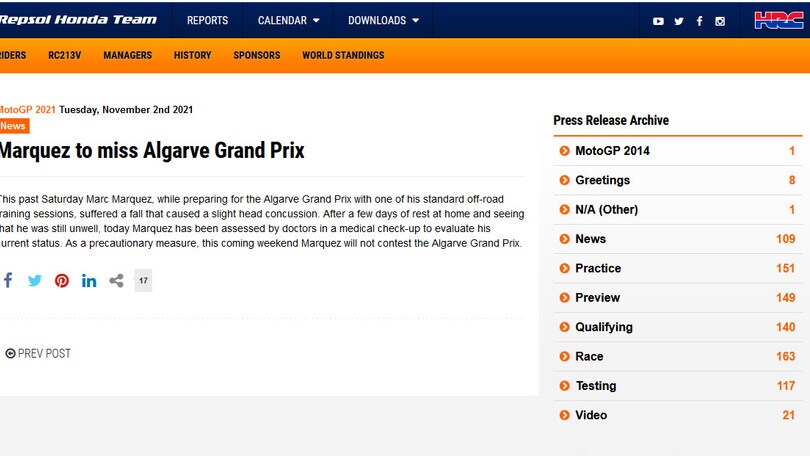 MotoGp, caduta per Marquez: niente Gp dell'Algarve