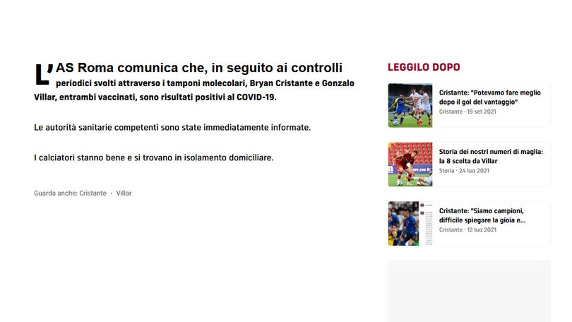 L'annuncio della Roma: "Cristante e Villar positivi al Covid"