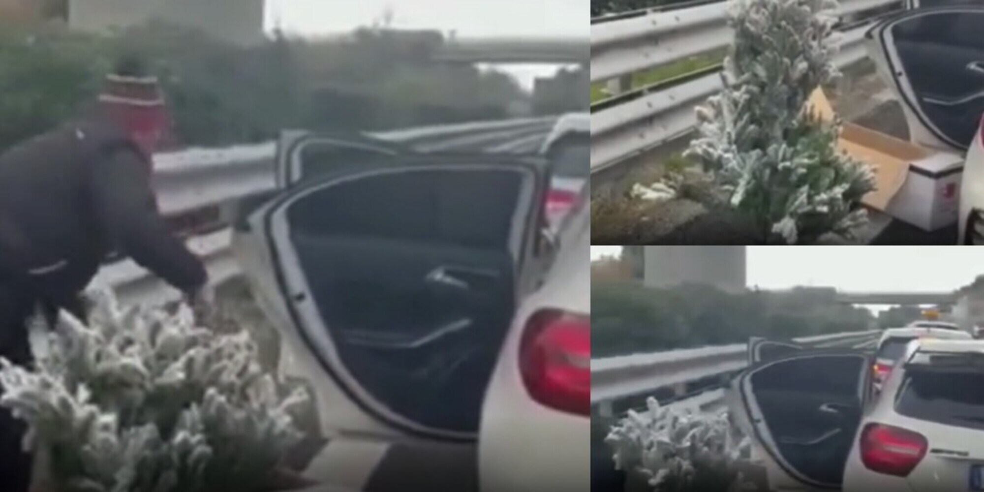 Autostrada in tilt: ragazzo stanco della coda, fa l’albero di Natale