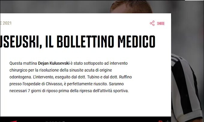 Juve, Kulusevski operato per sinusite: out per 7 giorni