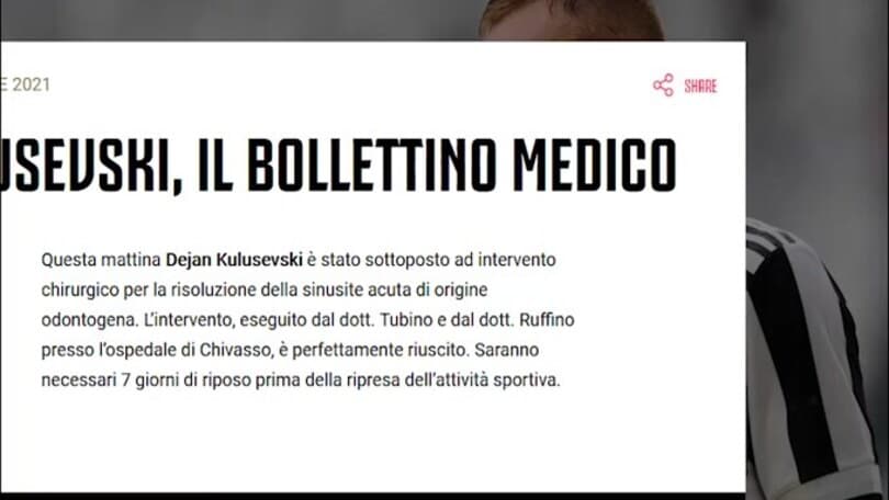 Juve, Kulusevski operato per sinusite: out per 7 giorni