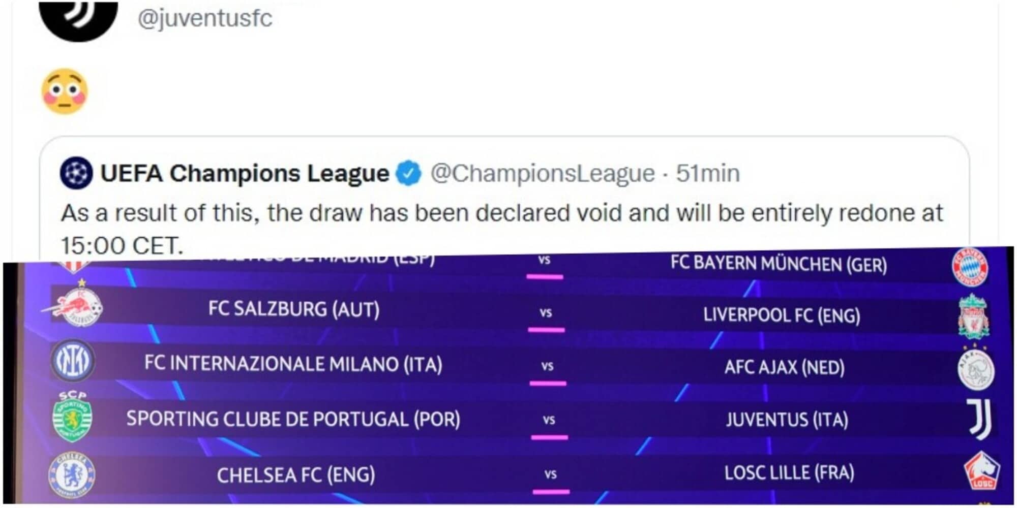 Champions, sorteggio da rifare: ecco la reazione social della Juve