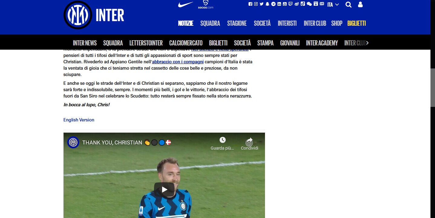 Ufficiale, Inter-Eriksen: è addio