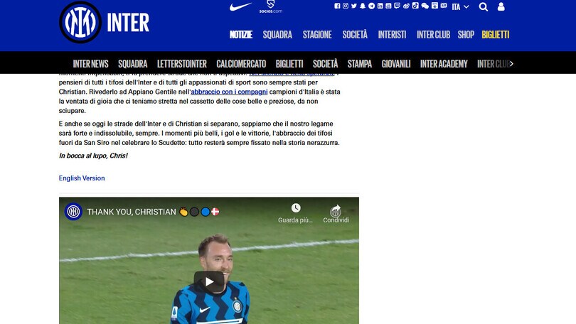 Ufficiale, Inter-Eriksen: è addio