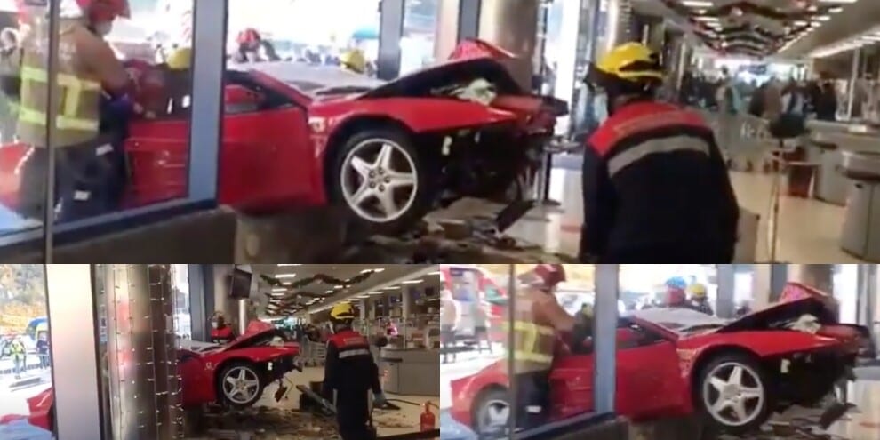 Ferrari 512 Testarossa sfonda la vetrina di un centro commerciale