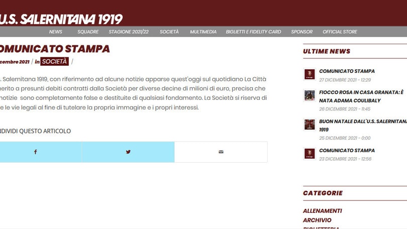 La Salernitana alza la voce: "Nessun debito"