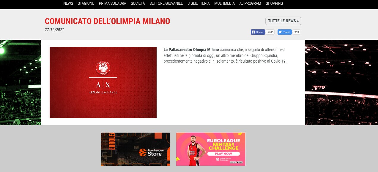 Olimpia Milano, salgono ad 11 i casi Covid nella squadra