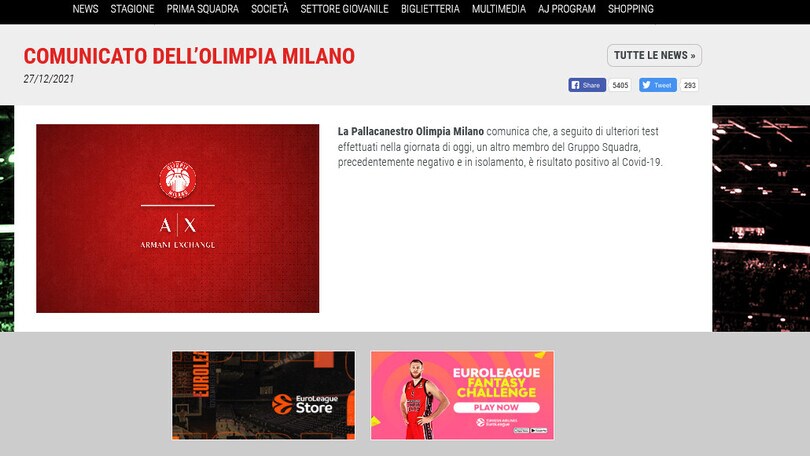 Olimpia Milano, salgono ad 11 i casi Covid nella squadra