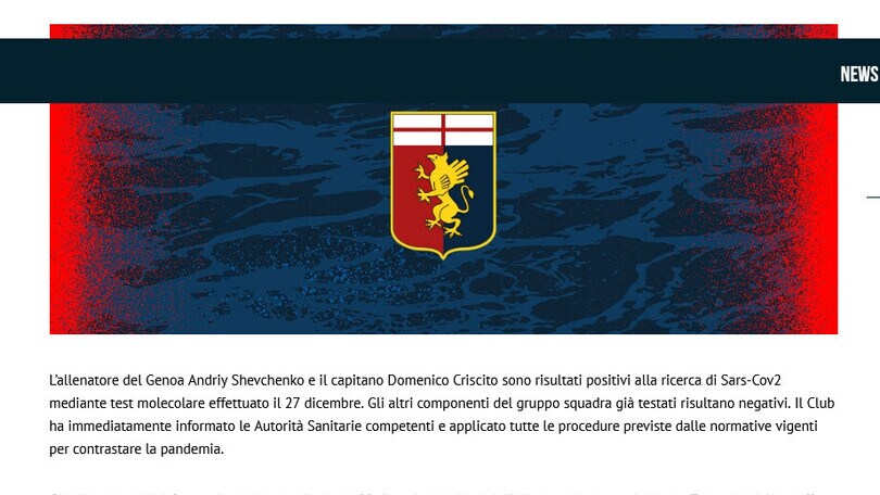 Genoa, Shevchenko e Criscito positivi al Covid-19