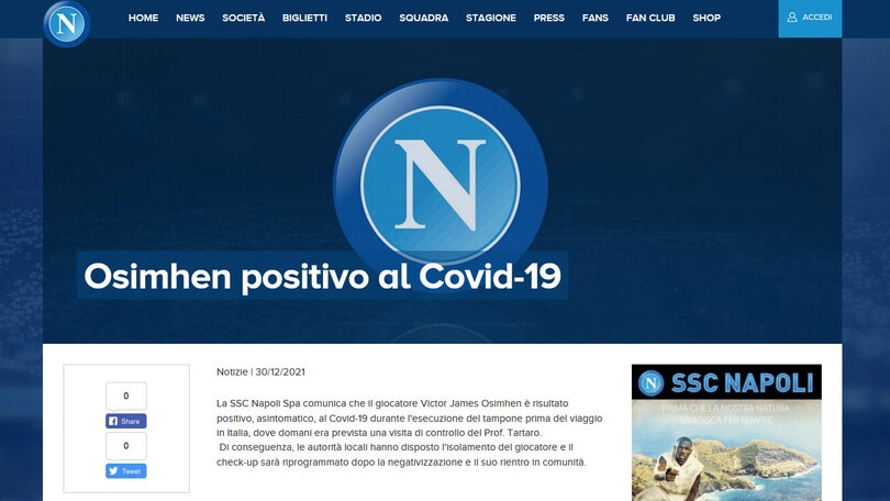 Napoli: Osimhen positivo al Covid