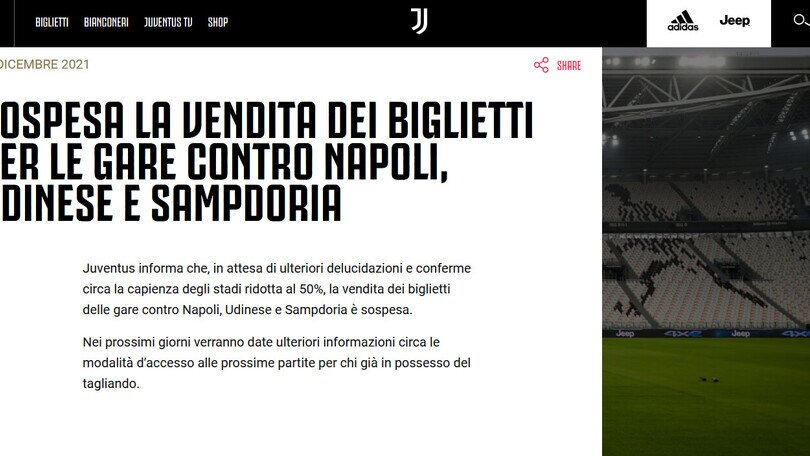 Juventus: stop a vendita biglietti per le gare contro Napoli, Udinese e Sampdoria