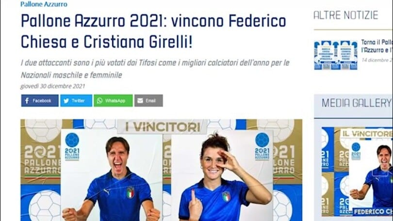 Figc, Chiesa e Girelli premiati con il Pallone Azzurro 2021