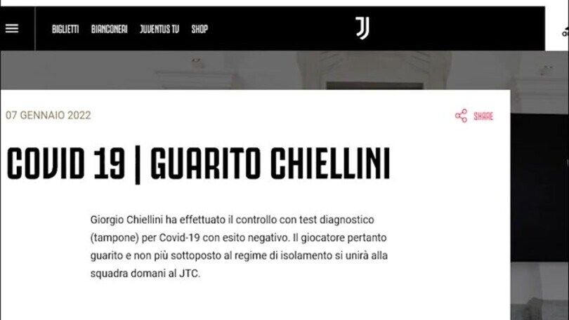 Juventus, Chiellini torna a disposizione: è guarito dal Covid-19