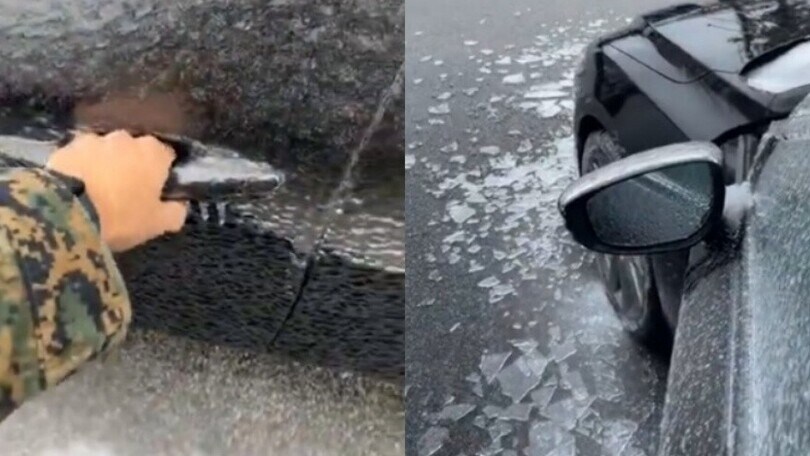 Apre la portiera e l'auto... di ghiaccio va in mille pezzi!