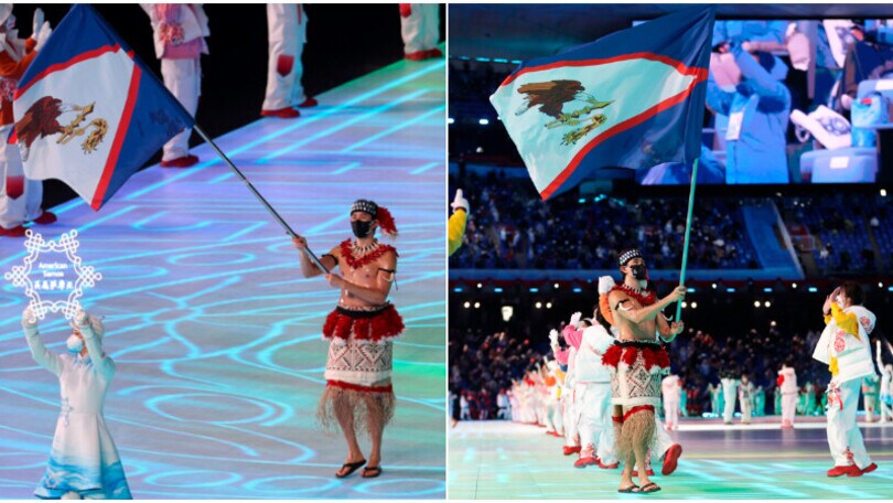 Portabandiera samoano a petto nudo nel gelo di Pechino
