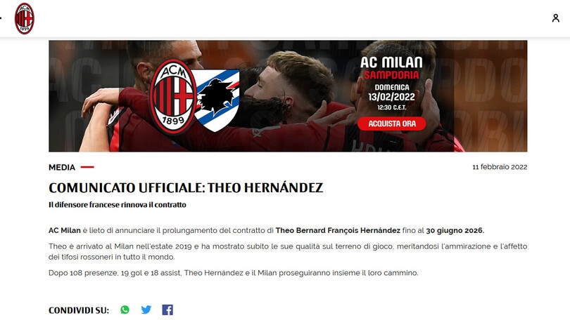 Milan, è ufficiale il rinnovo di Theo Hernandez fino al 2026