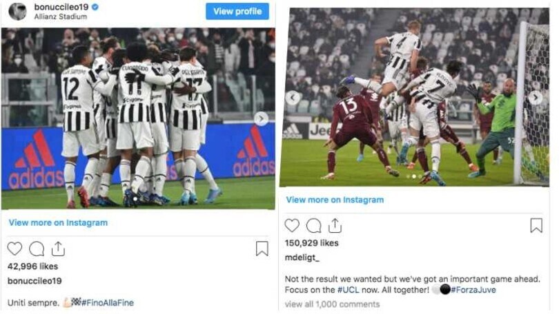 Juve-Torino, le reazioni social dei bianconeri: "Andiamo avanti"