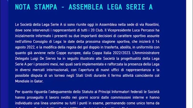 Serie A 2022-23, partenza fissata il 14 agosto
