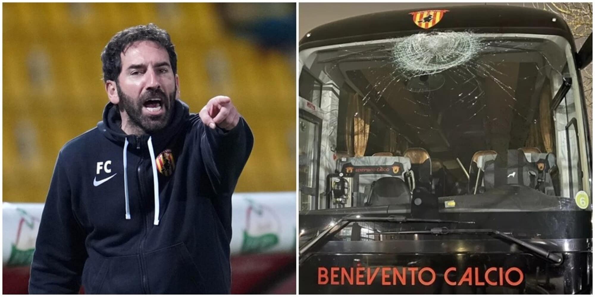 Benevento, pietra contro il pullman diretto a Perugia: vetro in frantumi