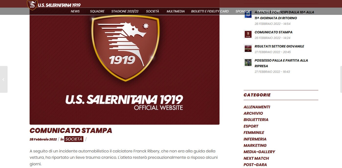 Salernitana, paura per Ribery: ferito in un incidente stradale
